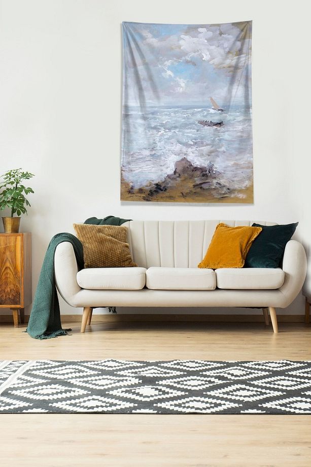 Mavi Dalgalı Denizdeki Adam Leke Tutmaz Kadife Kumaş Duvar Örtüsü Duvar Halısı Tapestry - 3