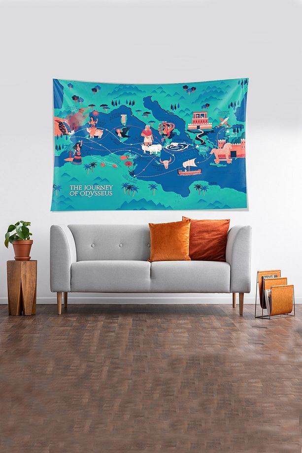 Çok Renkli Odesanın Seyahati Desenli Leke Tutmaz Kadife Kumaş Duvar Örtüsü Duvar Halısı Tapestry - 1
