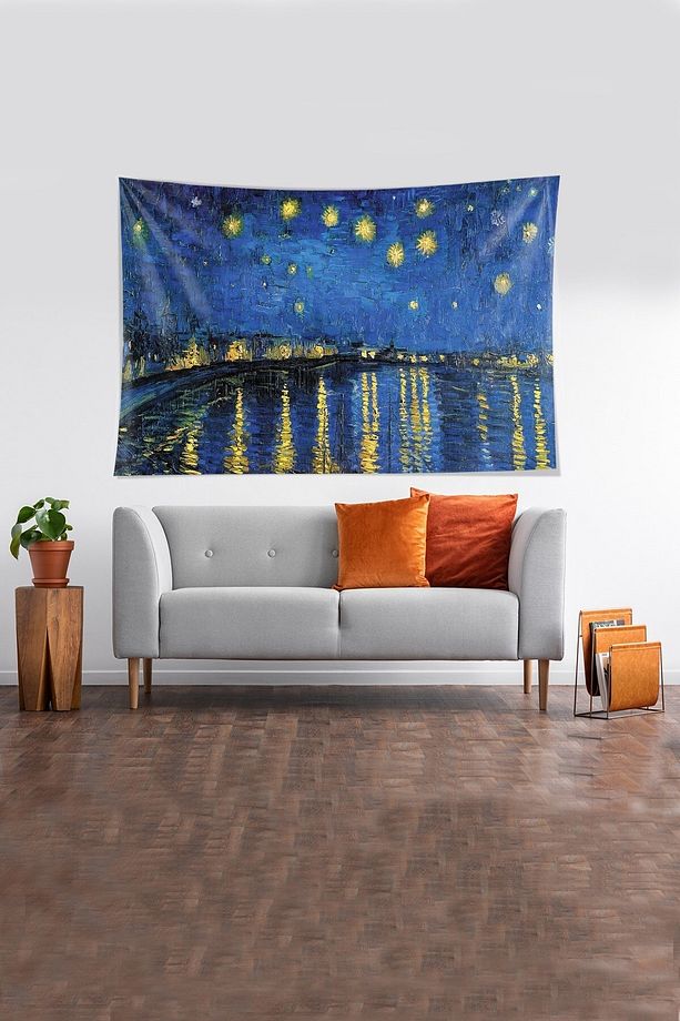Mavi Yakamozlu Geceler Desenli Leke Tutmaz Kadife Kumaş Duvar Örtüsü Duvar Halısı Tapestry - 1