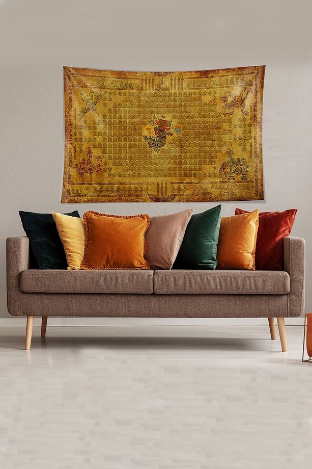 Sarı Ejderha Desenli Leke Tutmaz Kadife Kumaş Duvar Örtüsü Duvar Halısı Tapestry - 2