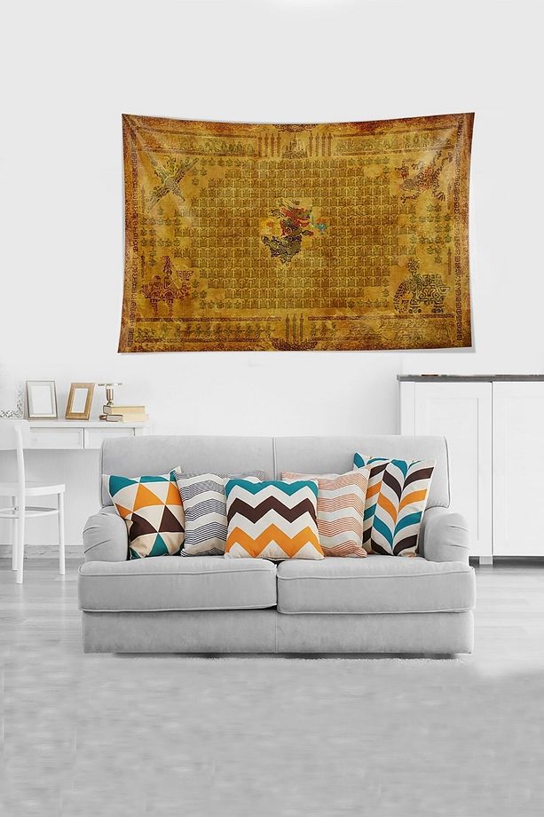 Sarı Ejderha Desenli Leke Tutmaz Kadife Kumaş Duvar Örtüsü Duvar Halısı Tapestry - 3