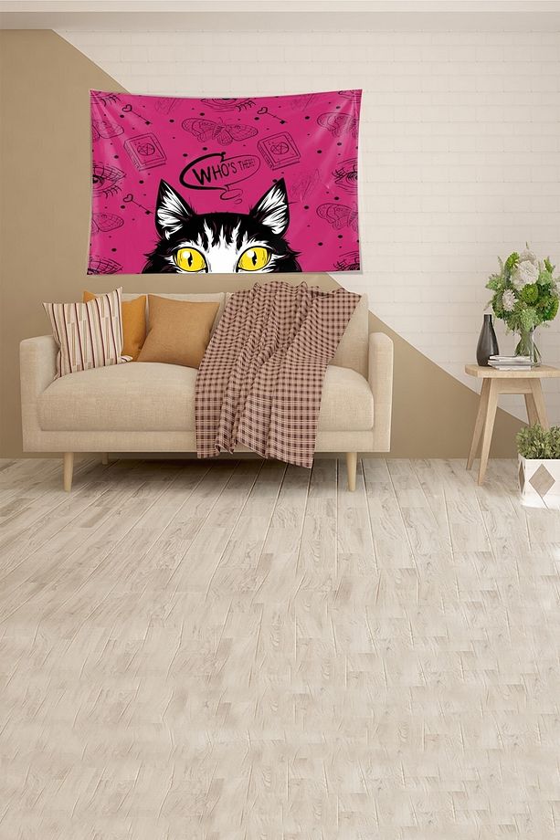 Pembe Kedi Desenli Leke Tutmaz Kadife Kumaş Duvar Örtüsü Duvar Halısı Tapestry - 2