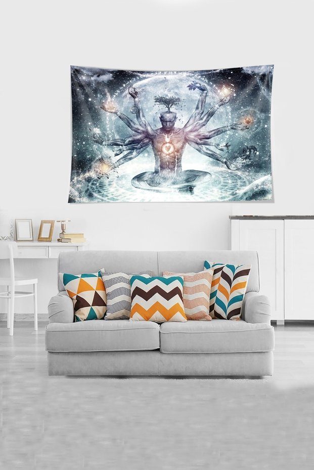 Multicolor Yoga Master Patterned Stain Resistant Velvet Fabric Wall Covering Wall Carpet Tapestry