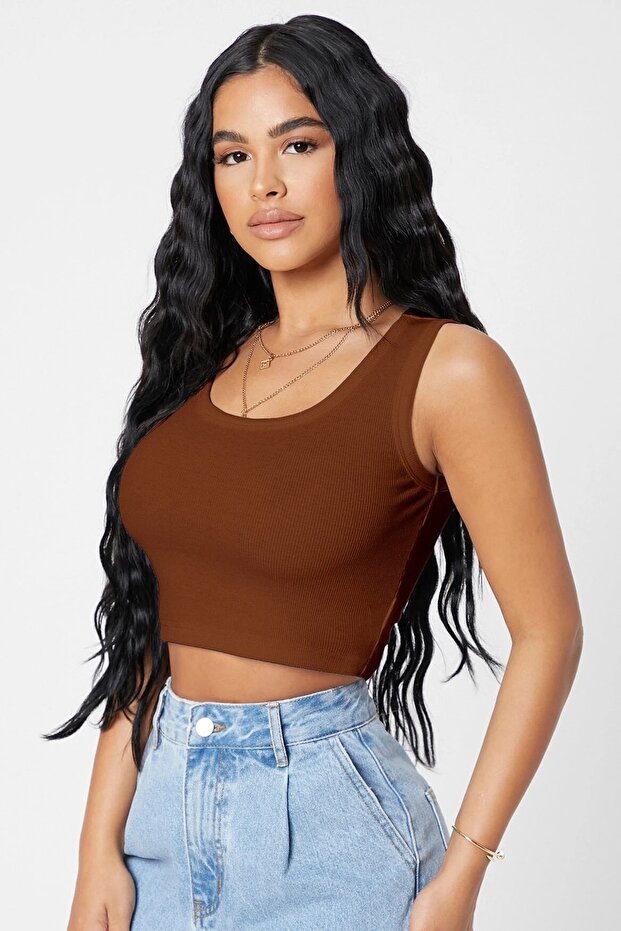 Kadın Kahverengi Kare Yaka Crop Top Bluz - 5