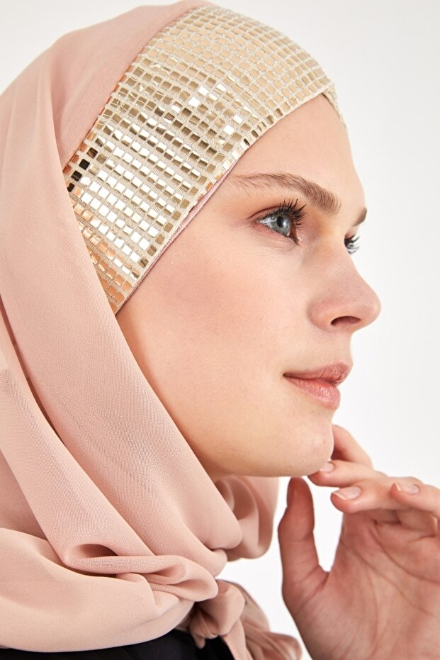 Üçgen Şifon Eşarp - Nude Gold - 6