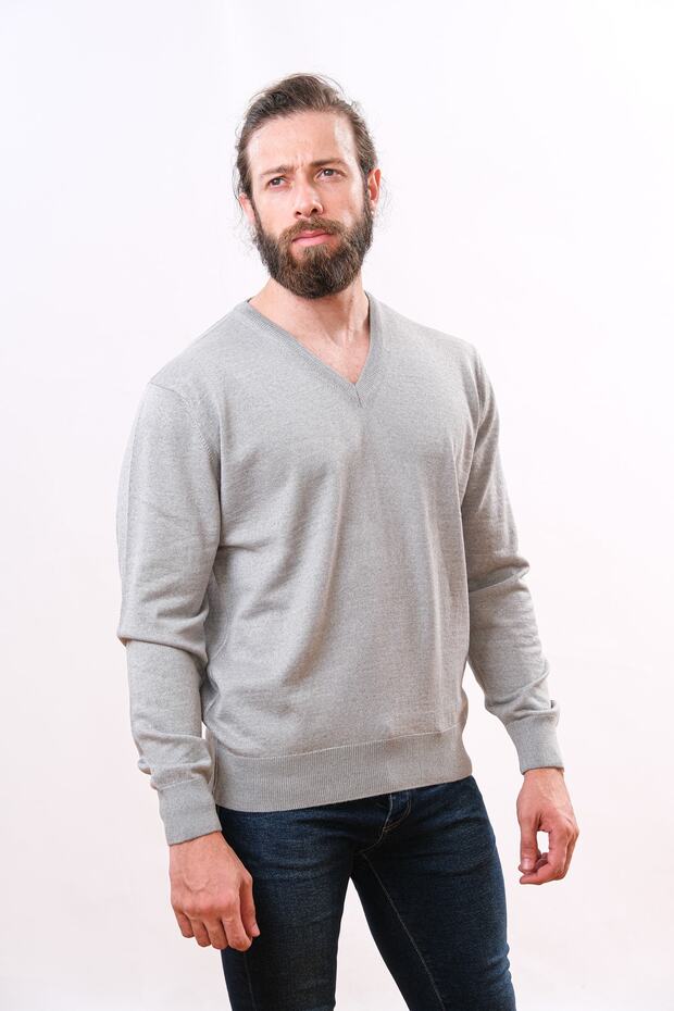 Woolen V-Neck Sweater Light Gray - 2