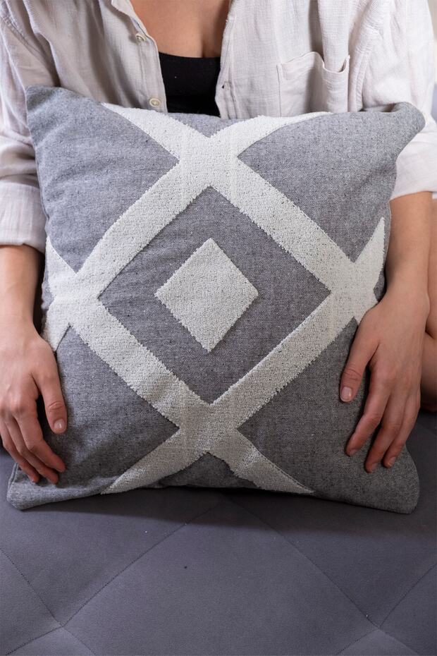 Custom Designed Cushion Cover with Punch Embroidery on Charcoal grey Cotton Fabric, 43x43 cm