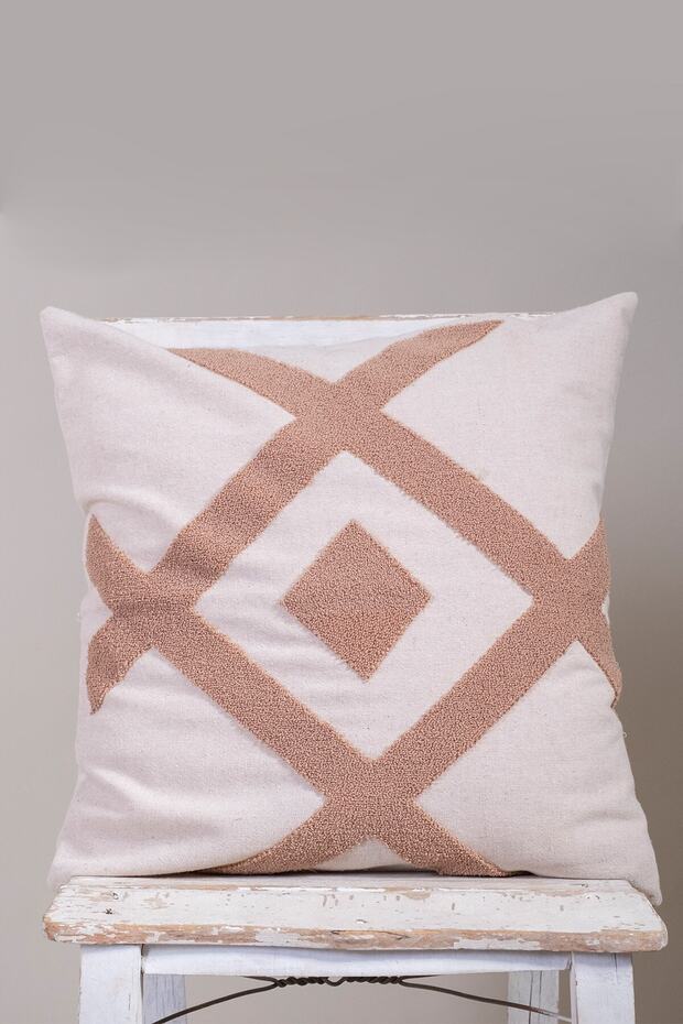 Specially Designed Beige Cotton Fabric with Brown Punch Embroidery Throw Pillow Cover 43x43 Cm
