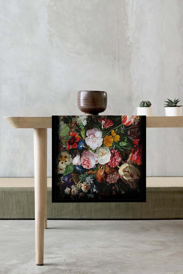 40x140cm 1.kalite Tay Tüyü Dokuma Leke Tutmaz Kumaş Masa Örtüsü Runner Çiçekli Rnr103 - 2