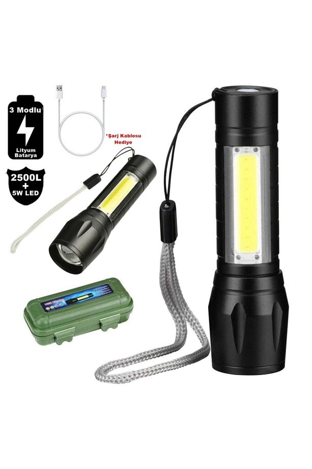 Tak-02 Ultra Güçlü 2500 Lumens + 5w Cob Led Usb Şarjlı El Feneri Kutulu Kamp Feneri Avcılık Feneri - 2