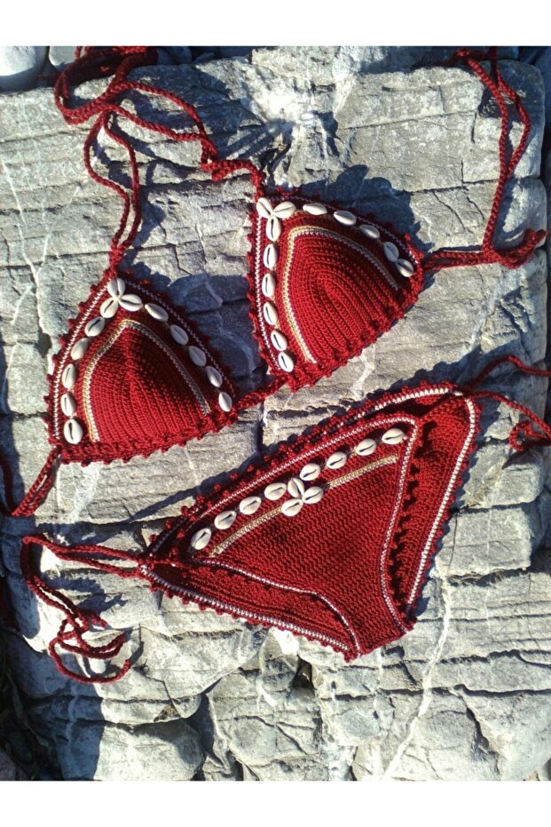 Major Crochet Seashell Red Knitted Bikini Set