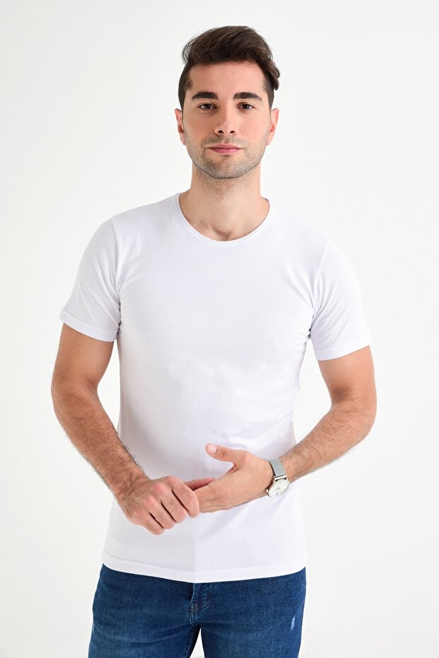 Men's White Plus Size Crew Neck Lycra Basic T-shirt - 3