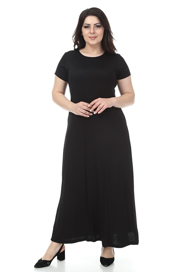 Women's Black Short Sleeve Straight Long Dress