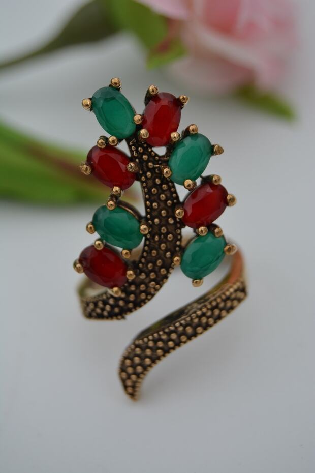 خاتم نسائي من حجر الياقوت والزمرد قابل للتعديل - 3