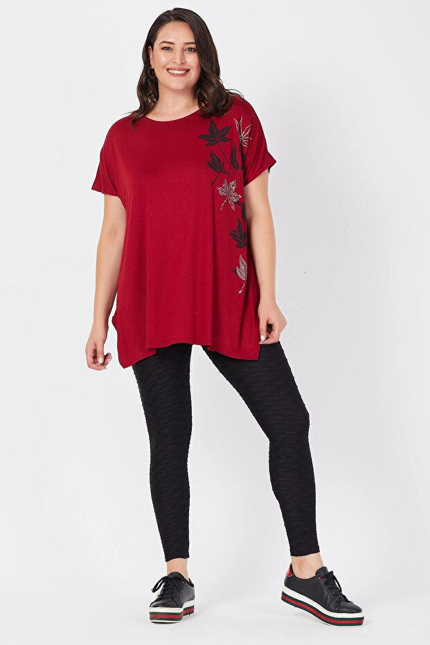 Large Size Loose Ivy Leaf Printed T-Shirt Claret Red