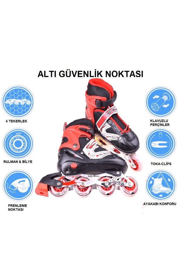 Unisex Kırmızı Tek Sıra Çift Sıra Ayarlanabilir Numaralı Işıklı Silikon Tekerli Başlangıç Pateni - 3