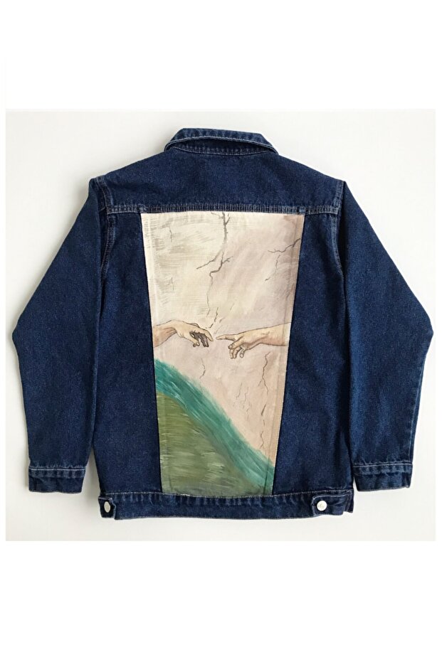 Mavi Kot Düğmeli Creation Of Adam By Michelangelo Baskılı Ceket - 1