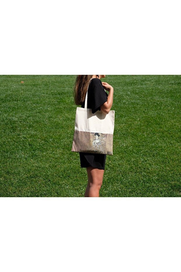 Gustav Klimt Woven Fabric Patterned Canvas Tote Bag with Pocket and Velcro 36x 40 cm