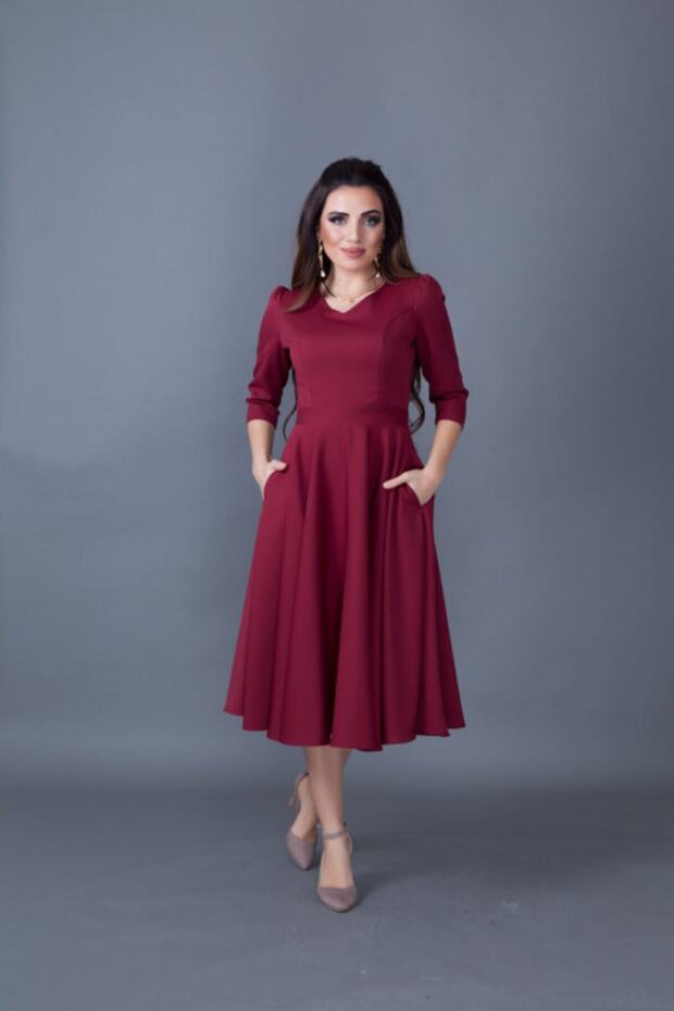 Claret Red Pocket Detailed V-Neck Midi Length Flared Dress