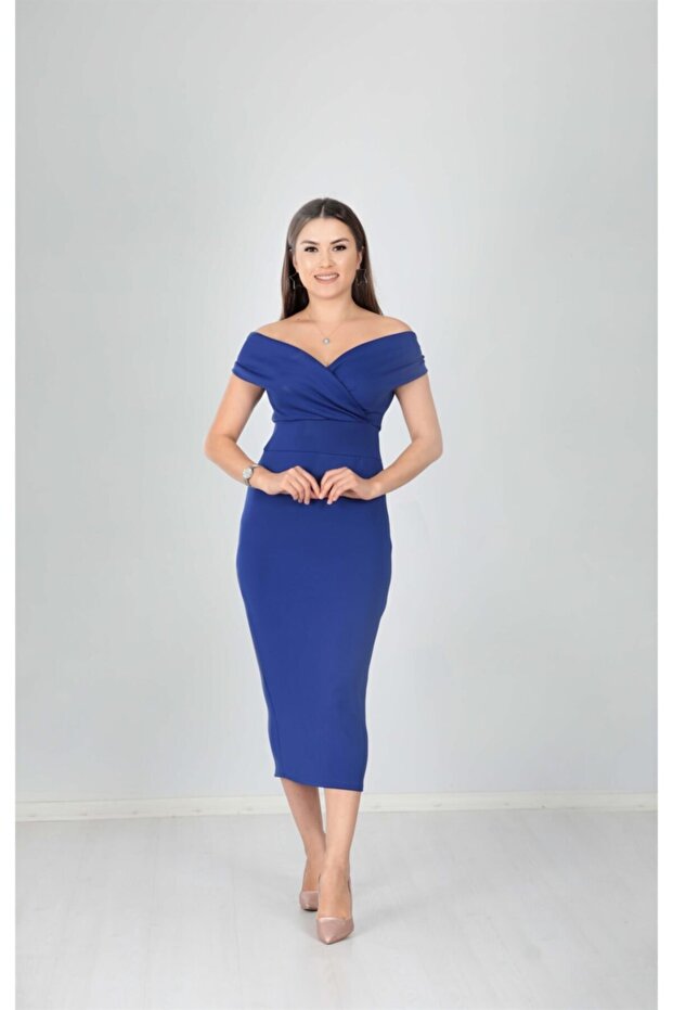 Boat Neck Pencil Dress - Sax