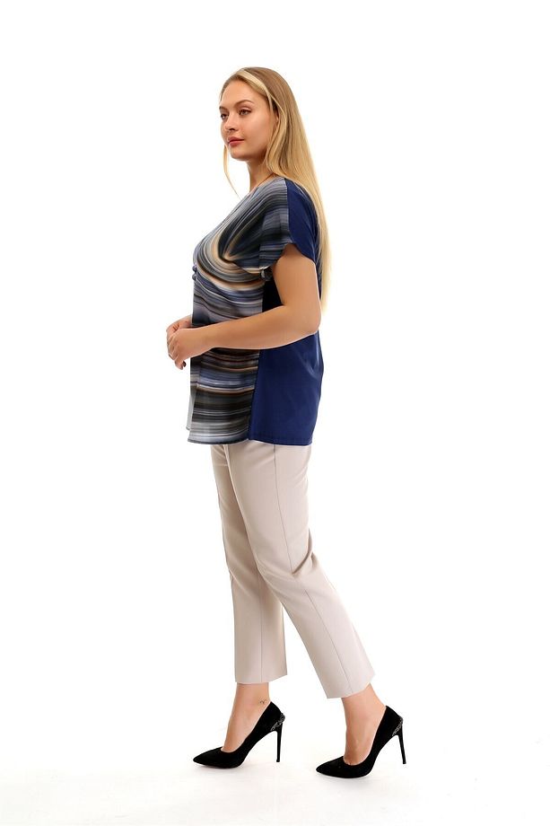 Dalga Desenli Düşük Kol Indigo Bluz - 6