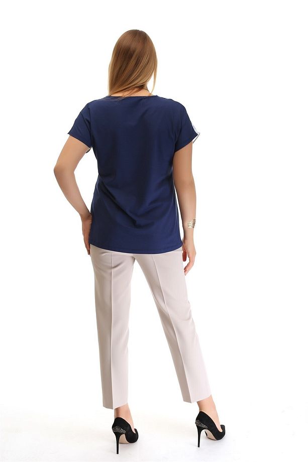 Dalga Desenli Düşük Kol Indigo Bluz - 7