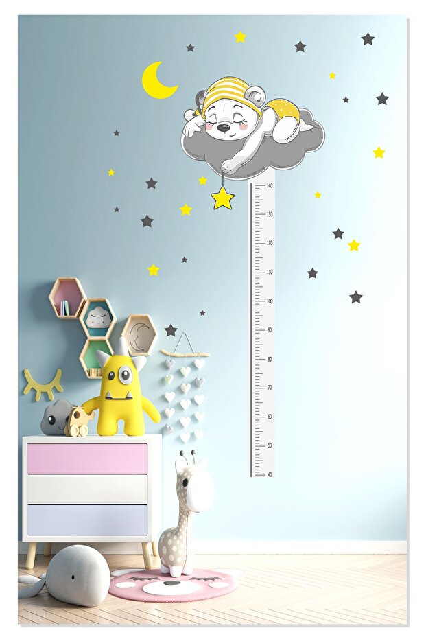 Cute Sleeping Bear Moon Cloud And Stars Height Meter Decorative Children's Room Wall Sticker Wall Ornament