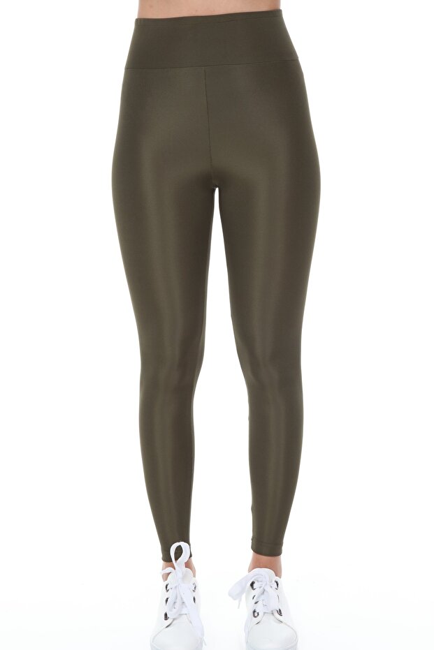 High Waist - Wide Belted Recovery Disco Knitted Leggings - Khaki