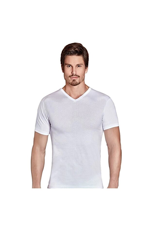 قميص داخلي أبيض برقبة على شكل حرف V للرجال - 1