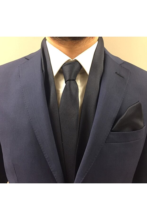 Navy Blue Plain Tie Handkerchief Shawl Set