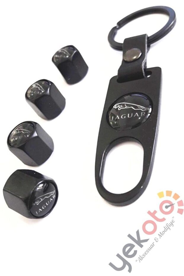 Jaguar 1St Quality Metal Keychain and Valve Cap Set