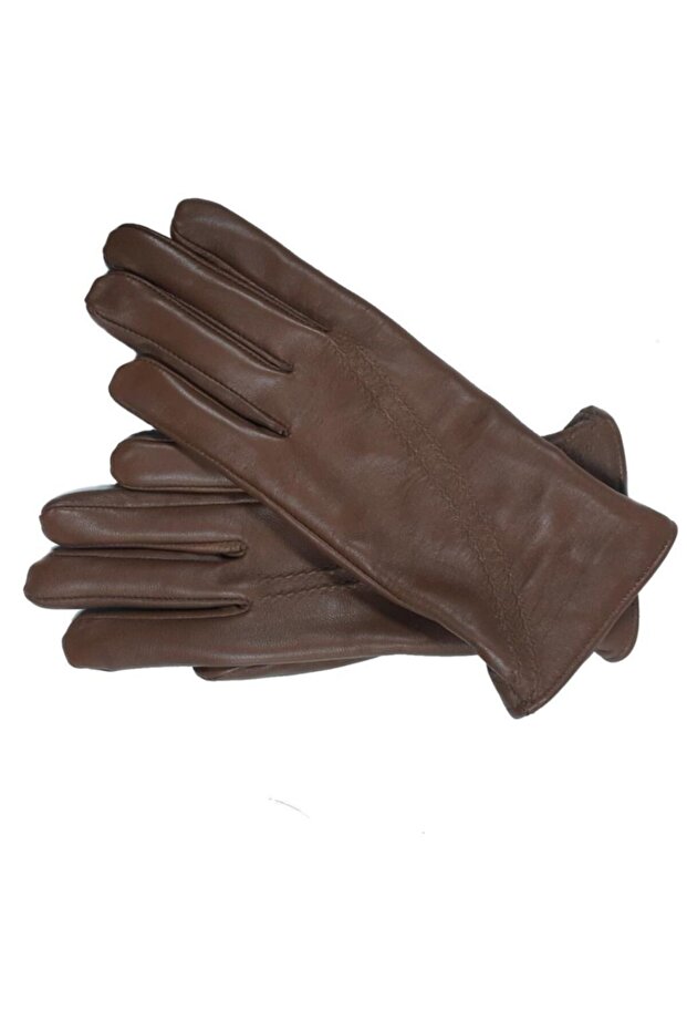 Tan Color Double Stitched Women's Fleece Leather Gloves