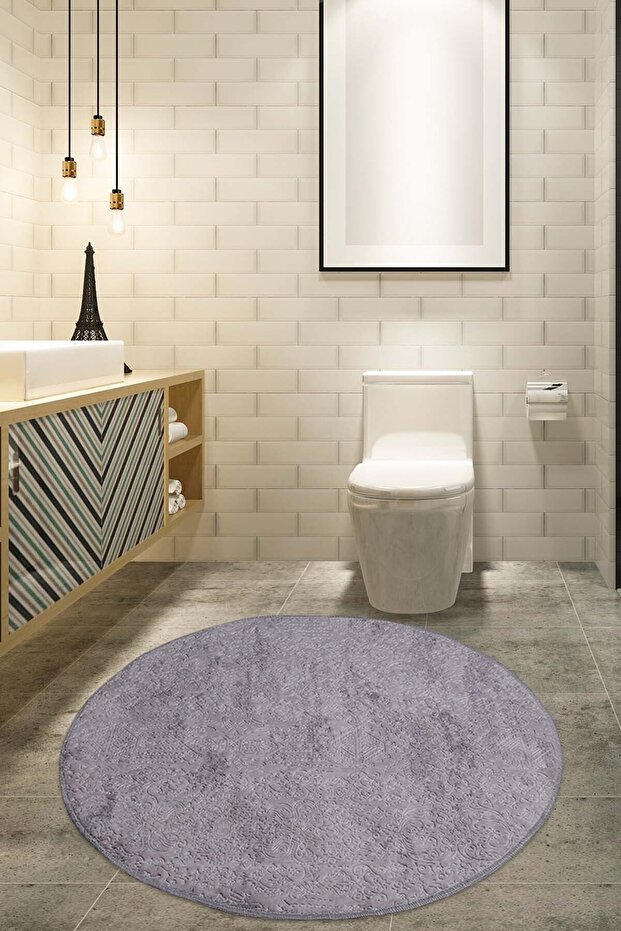 Nova Gray 120x120 Cm Round Non-Slip Cotton Base Plush Bath Mat Bathroom Rug