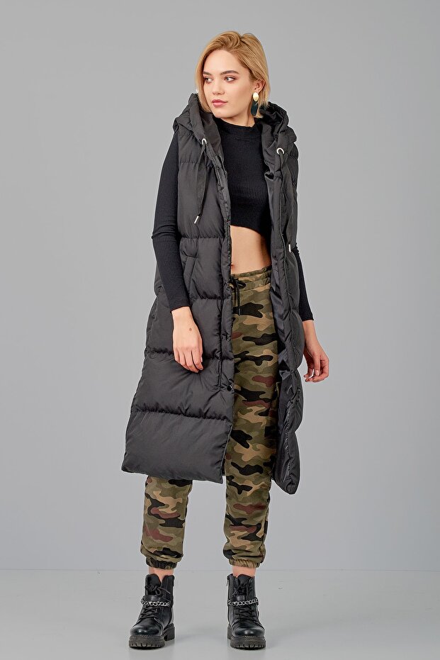Women's Long Black Hooded Puffer Vest
