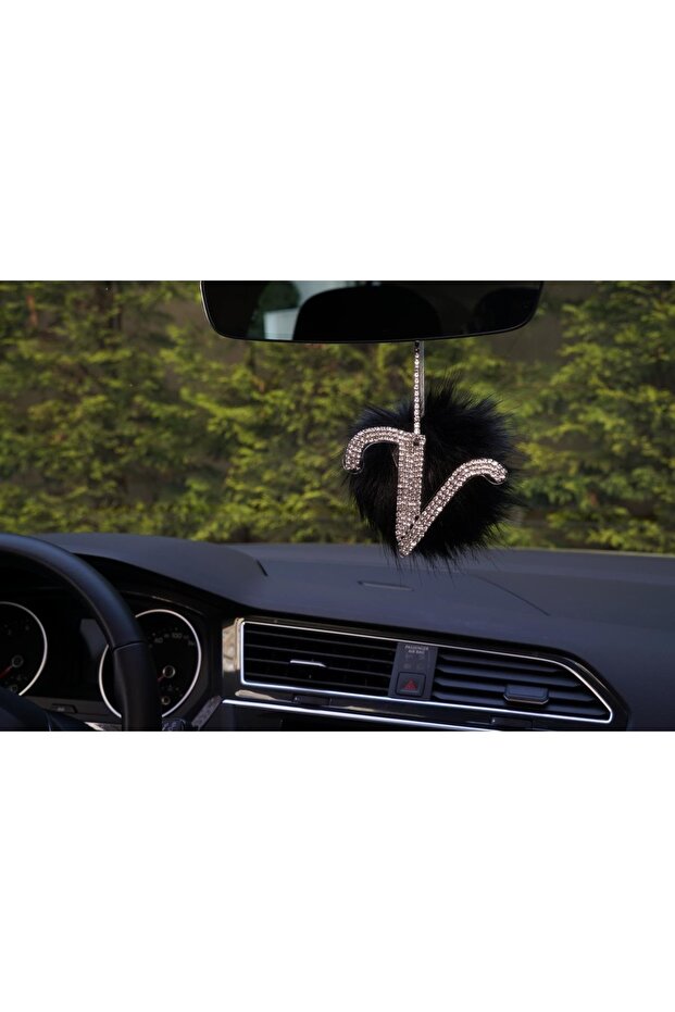 Silver Stone Rear View Mirror Pendant Ornament Black Feathered Letter V