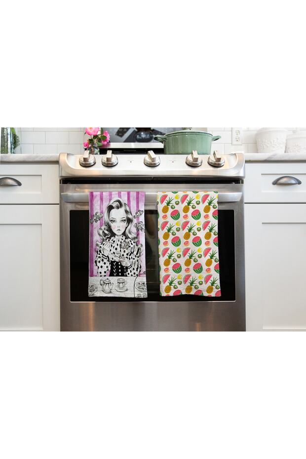Kitchen Hand Towels Set of 2 with Fish Girl and Watermelon Pattern Printed