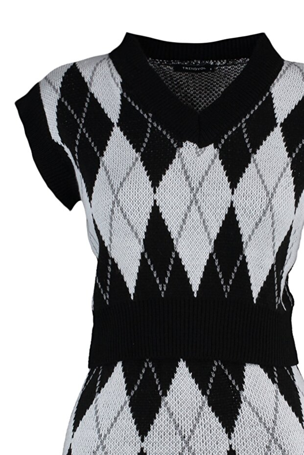 Siyah Crop Desenli/Jakarlı Triko Alt-Üst Takım TWOAW23AU00085 - 8