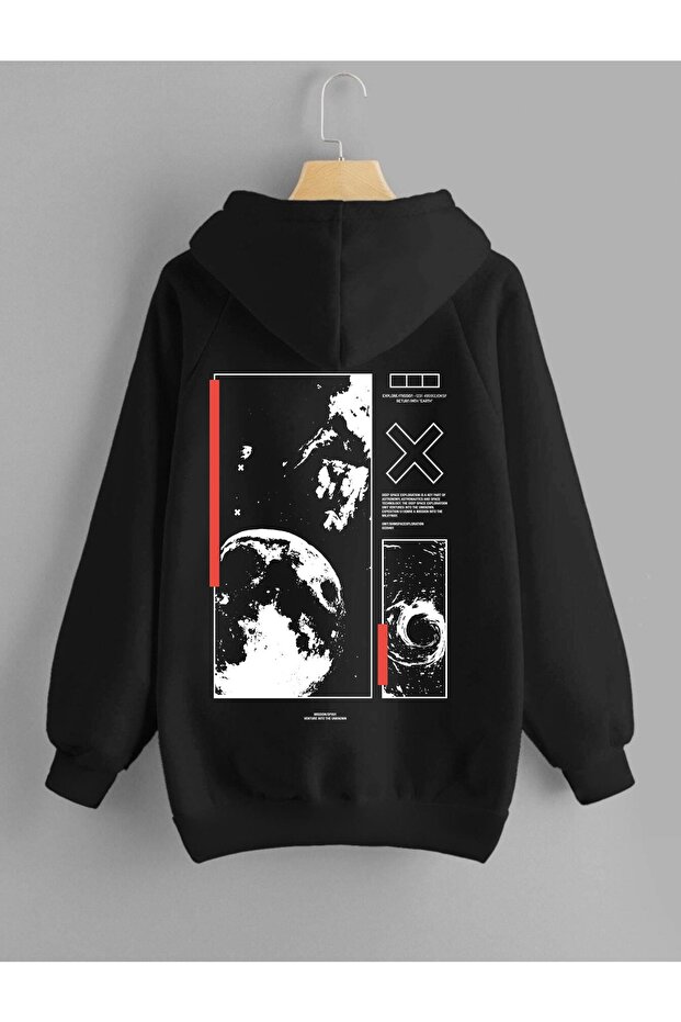 Black Unisex Hooded Sweatshirt Planet Print