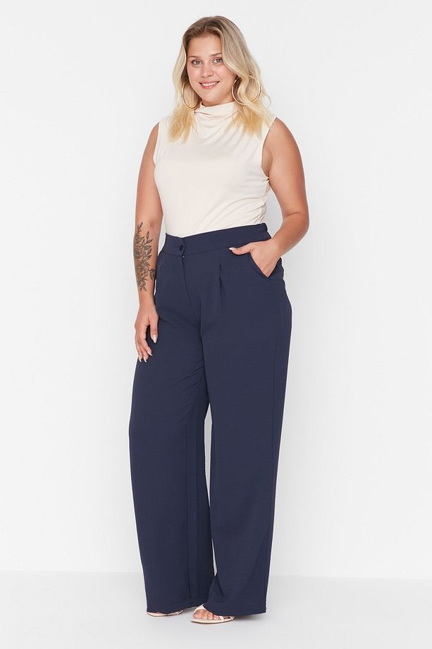 Lacivert Lastikli Yüksek Bel Pileli Wide Leg Dokuma Pantolon TBBSS22PL0448 - 9