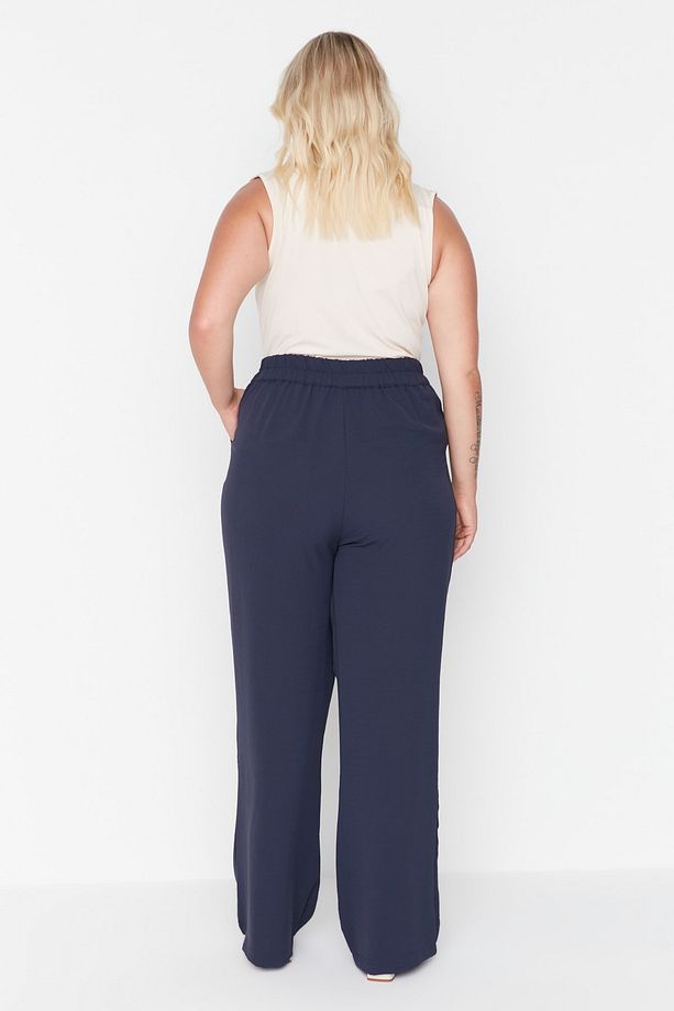 Lacivert Lastikli Yüksek Bel Pileli Wide Leg Dokuma Pantolon TBBSS22PL0448 - 11