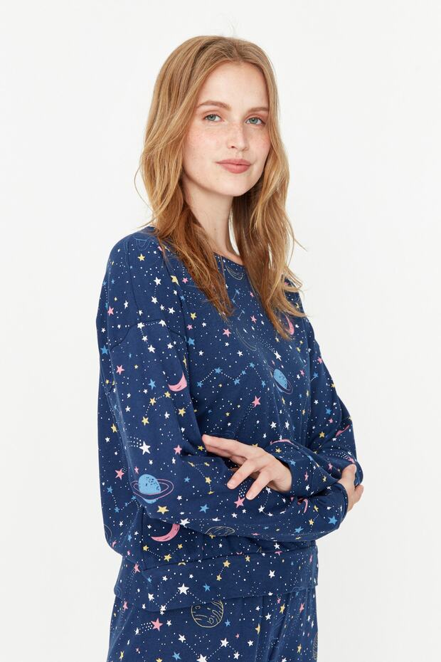 Lacivert %100 Pamuklu Galaksi Desenli Örme Pijama Takımı THMAW21PT0794 - 3