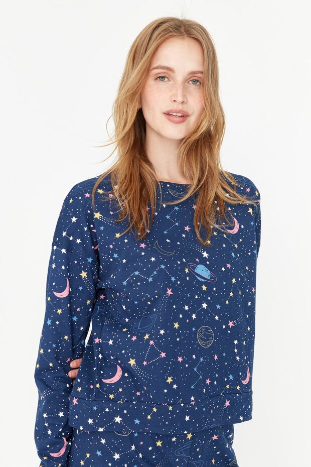 Lacivert %100 Pamuklu Galaksi Desenli Örme Pijama Takımı THMAW21PT0794 - 5