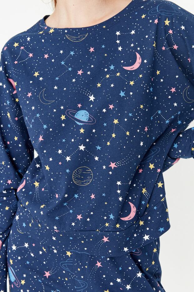 Lacivert %100 Pamuklu Galaksi Desenli Örme Pijama Takımı THMAW21PT0794 - 4