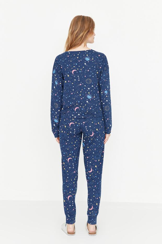 Lacivert %100 Pamuklu Galaksi Desenli Örme Pijama Takımı THMAW21PT0794 - 6