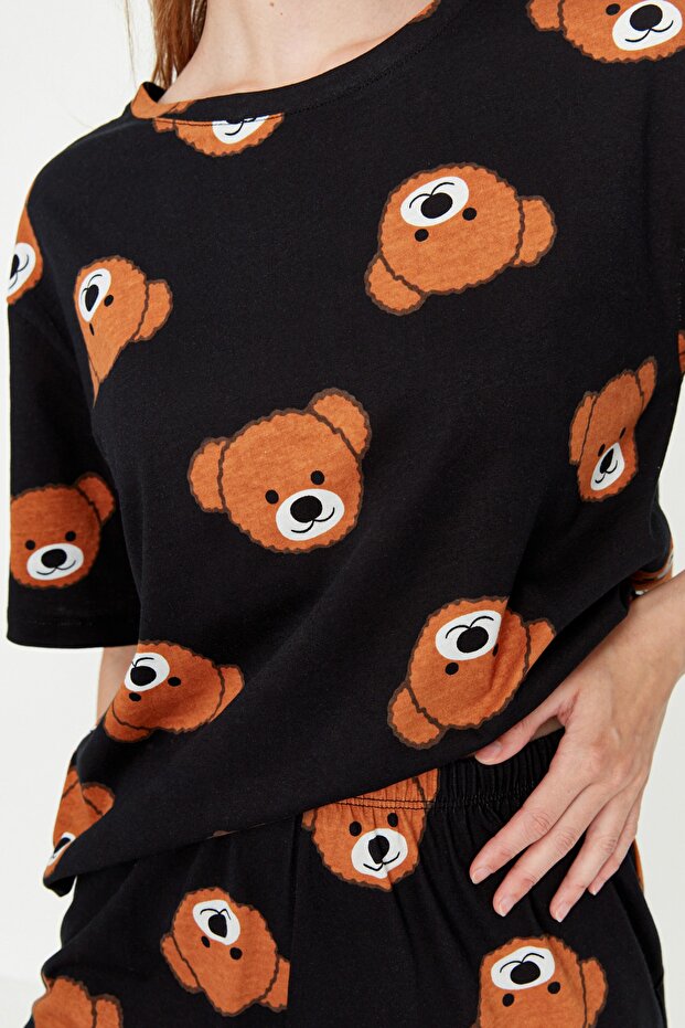 Kadın Couple/Çift Siyah %100 Pamuklu Ayıcıklı Örme Pijama Takımı THMSS21PT0195 - 4