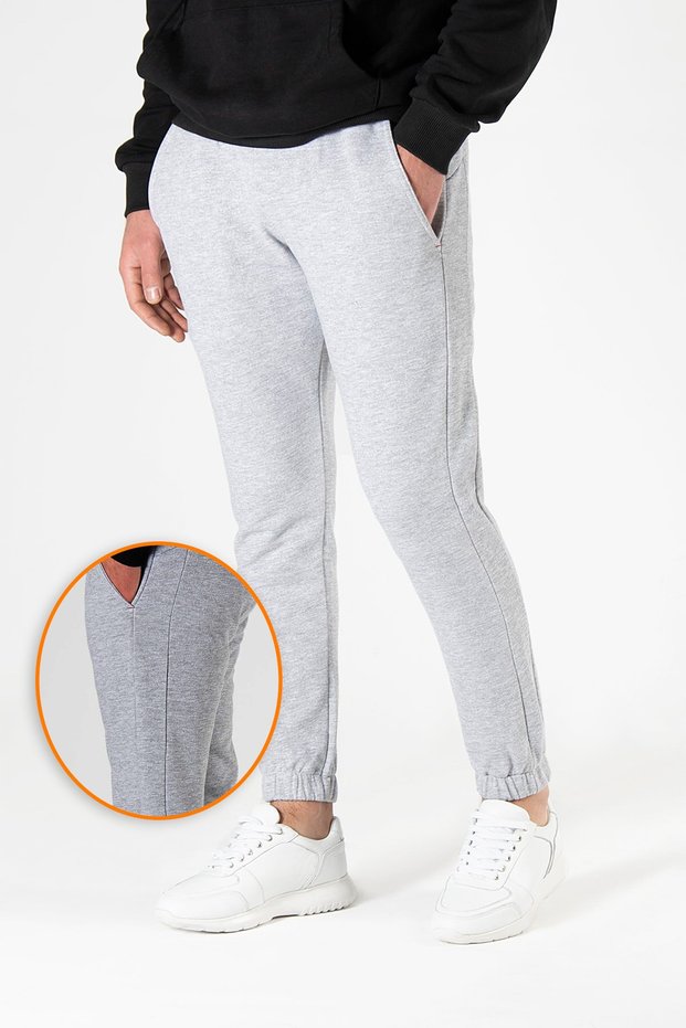 Men's Gray Gray Slim Sweatpants with Double Stripes on the Sides and Elastic Legs