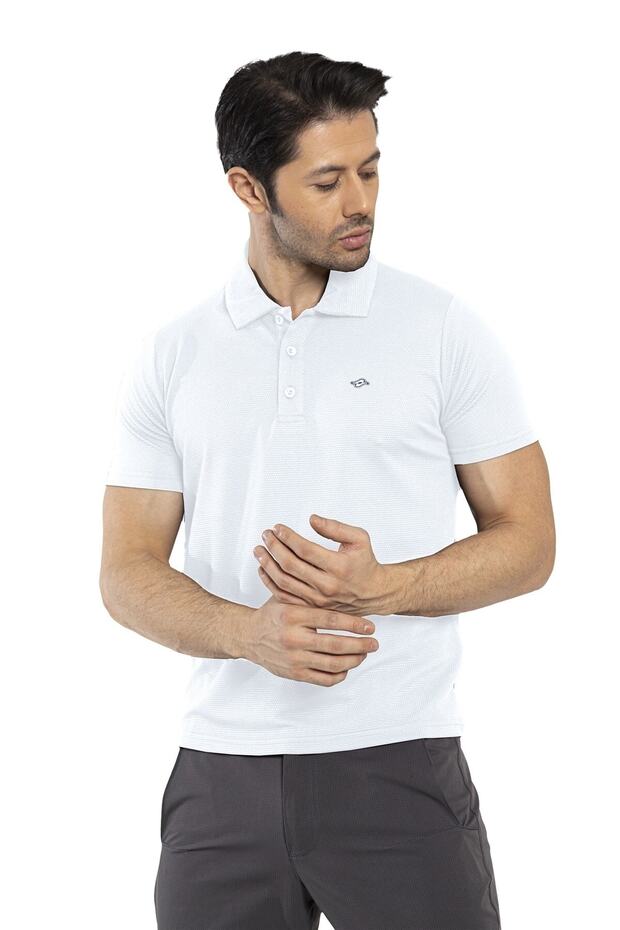 Waffle - Men's White Polo Collar Sports T-shirt - 7129-08