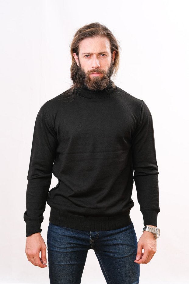 Wool Full Fisherman Sweater - Black
