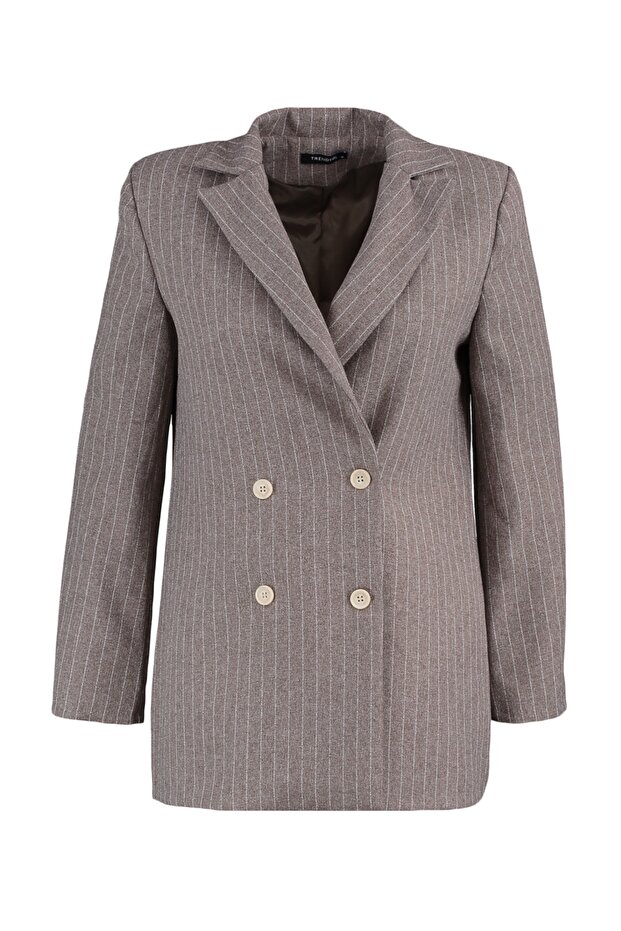 Hnědá běžná podšívka s dvojitým řadovým zapínáním, pruhovaná tkaná bunda TWOAW23CE00100 - 6