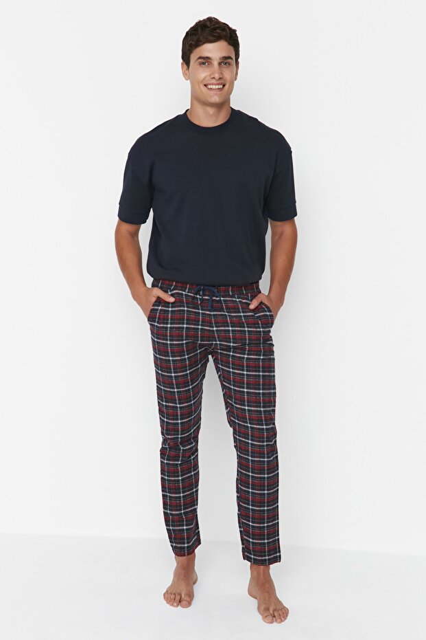 Lacivert-Kırmızı Ekoseli Regular Fit Dokuma Unisex Pijama Altı Eşofman TMNAW23PJ00014 - 1